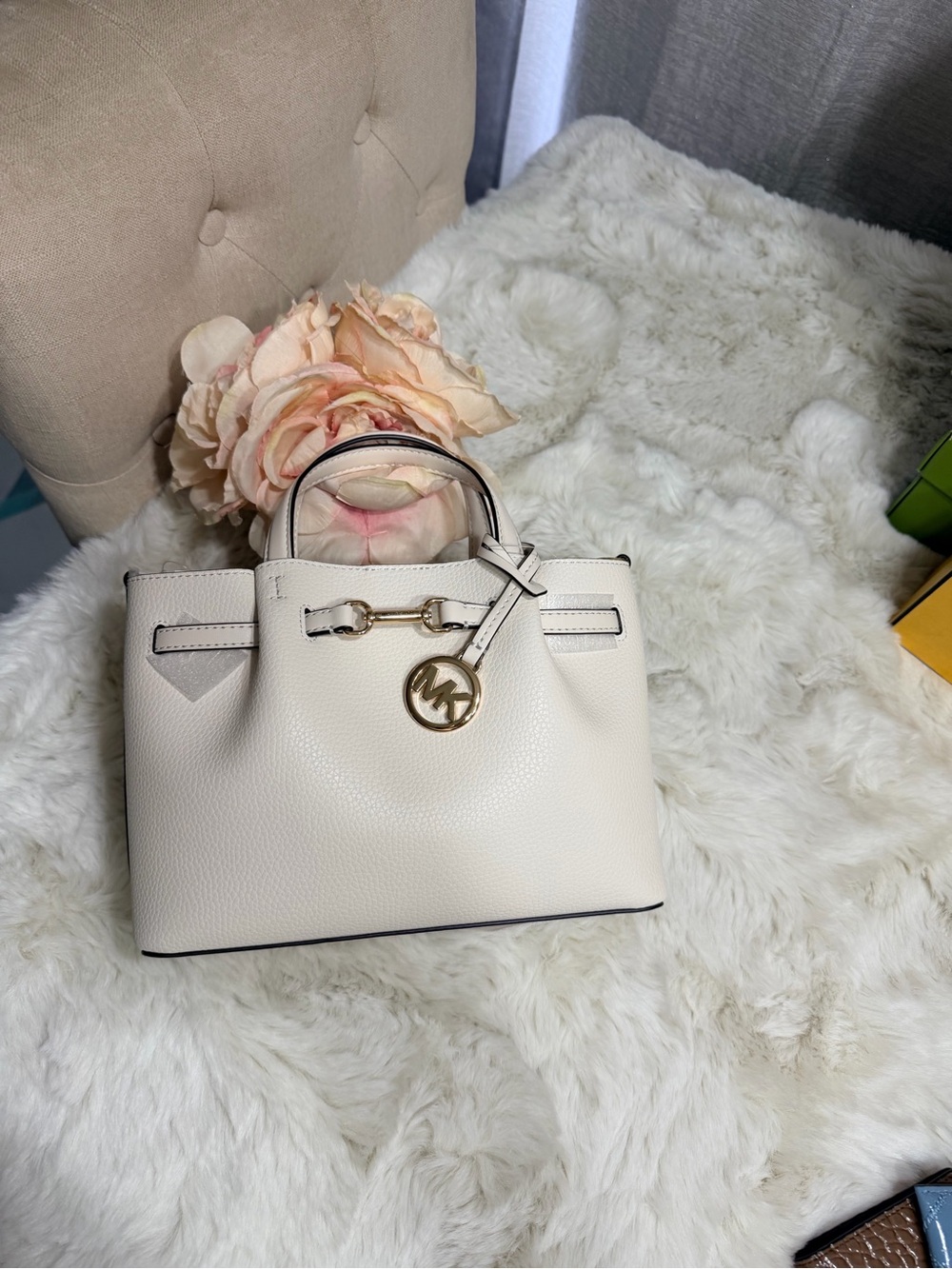 Michael Kors Cream Pebbled Leather Satchel with Gold MK Pendant